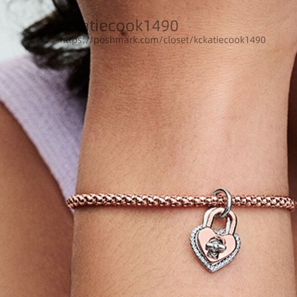 Pandora Two-tone Twistable Heart Padlock Double Dangle Charm - Picture 4 of 6